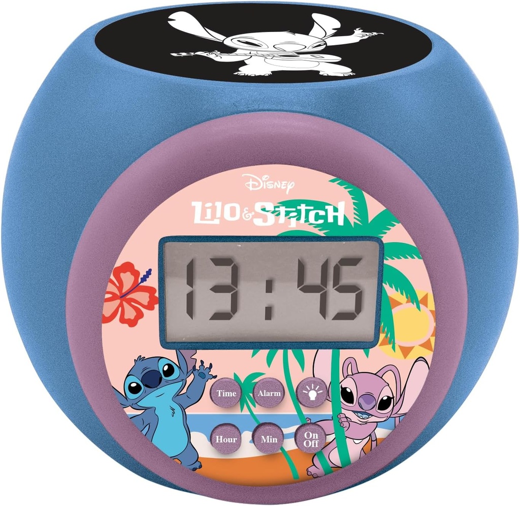Lexibook, Disney Stitch, ceas deșteptător cu proiecție cu funcție de amânare și alarmă, lumină de noapte cu temporizator, ecran LCD, funcționează cu baterie, albastru, RL977D