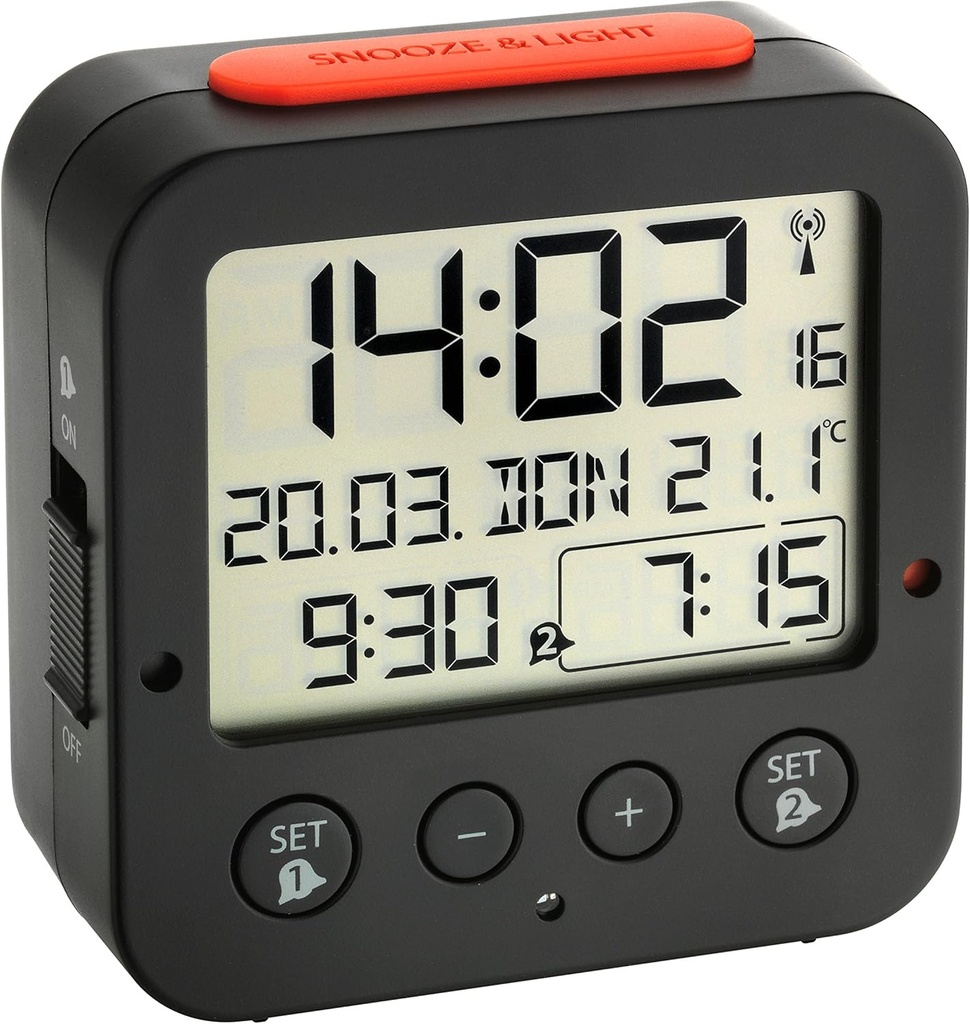 Ceas deşteptător radiocontrolat TFA Dostmann Bingo, cu iluminare automată din spate, 60.2528.01, dată, afişaj temperatură şi două ore de alarmă, negru/roşu, L 81 x L 33 x H 81 mm