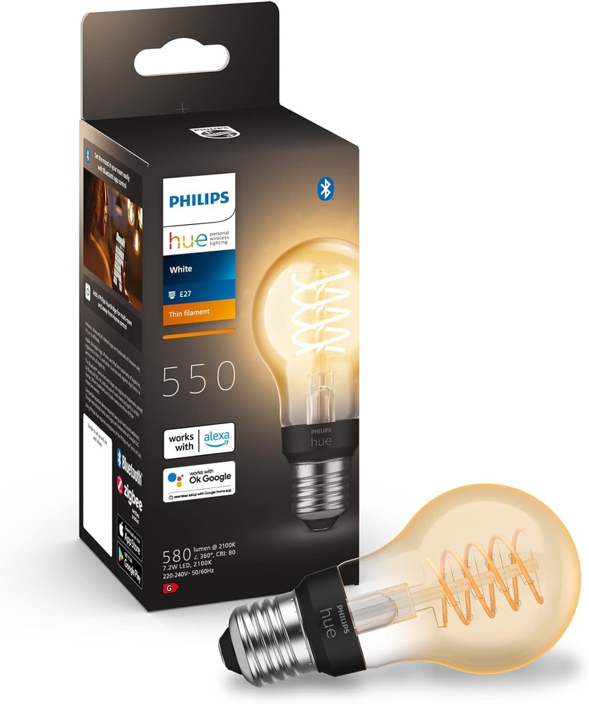 Lampă cu filament Philips Hue White E27 (550 lm), lampă standard LED reglabilă pentru sistemul de iluminat Hue cu lumină albă caldă, control inteligent al luminii prin voce și aplicație, 1 pachet
