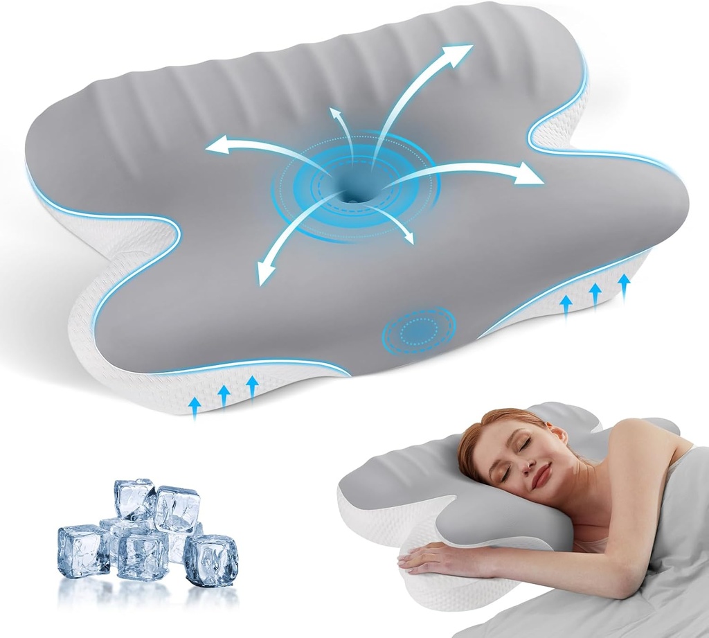 JINXIA Pernă de răcire din spumă cu memorie, pernă ortopedică ergonomică pentru sprijinul gâtului, pernă cervicală pentru dormit lateral/spate/stomac, gri