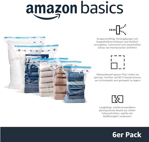 Amazon Basics Pachet de 6 saci de depozitare în vid cu pompă de mână - Jumbo Clear, cu fermoar