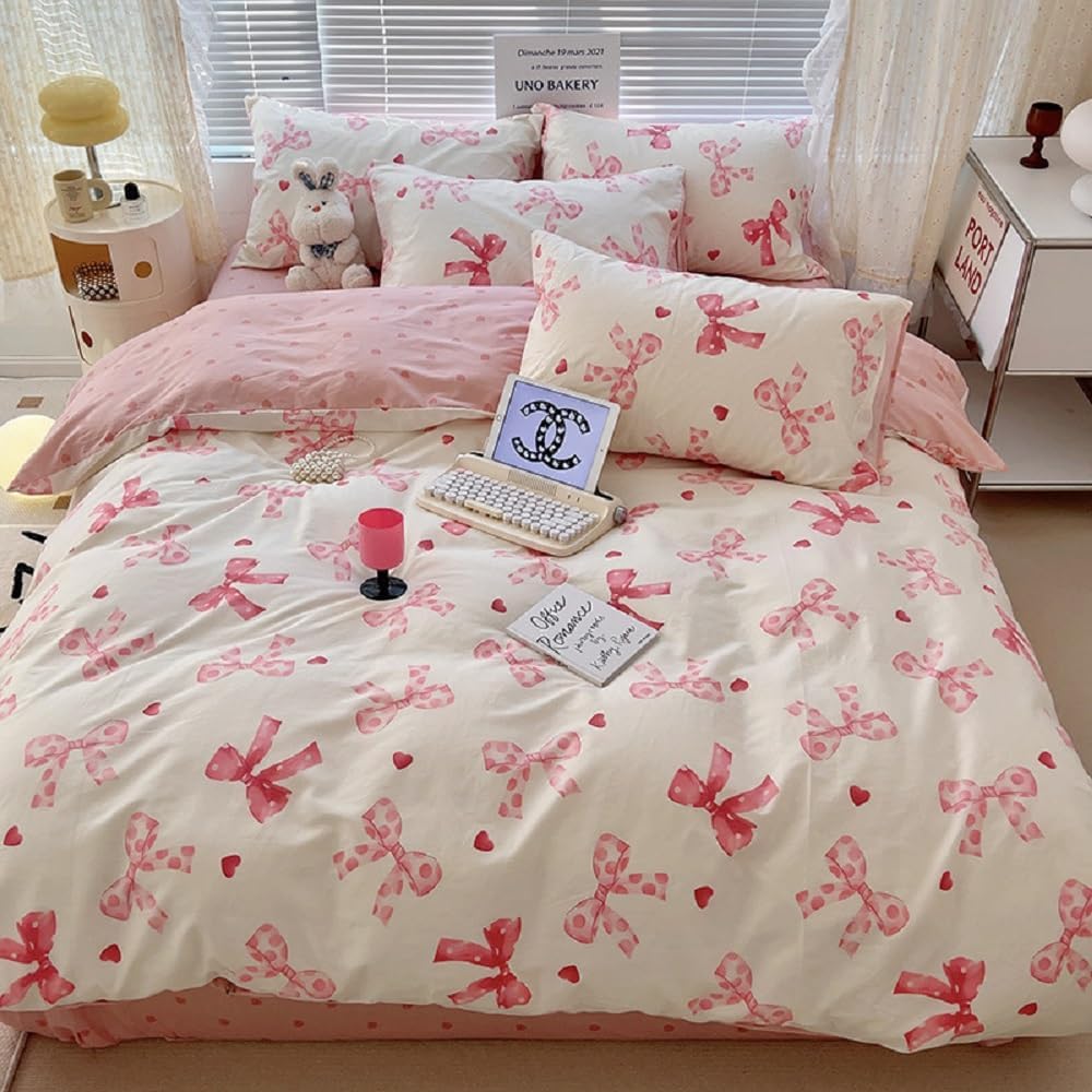 Lenjerie de pat Lanqinglv 135x200 fete roz cu fundite lenjerie de pat copii din microfibra, roz alb inimioare Set lenjerie de pat OEKO-TEX - husa plapuma reversibila cu fermoar si 1 fata de perna 80x80 cm