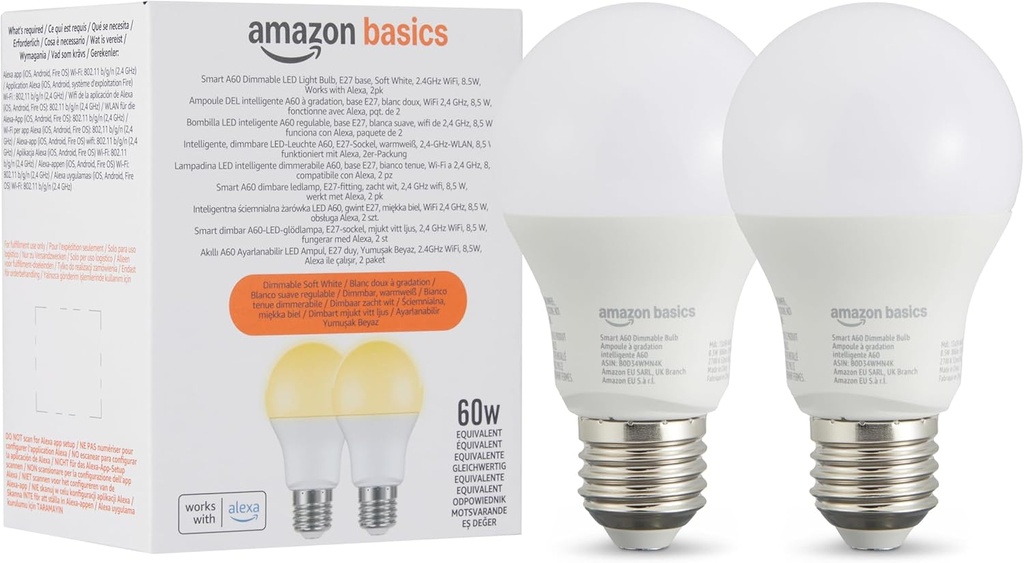 Bec LED Amazon Basics Smart A60, reglabil, bază E27, alb moale, Wi-Fi 2,4 GHz, 8,5 W, funcționează numai cu Alexa, pachet de 2