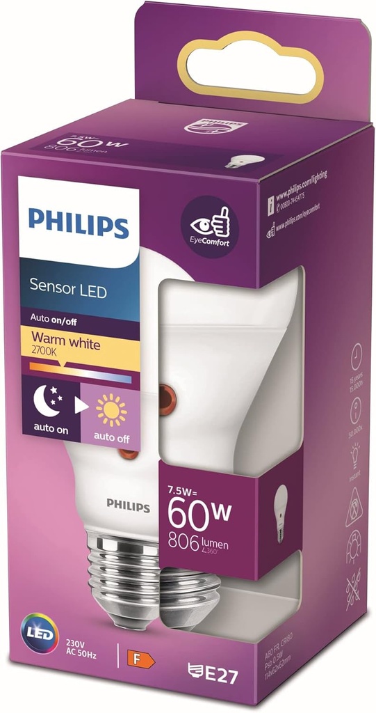 Philips Lighting Lampă Philips LED E27 cu senzor de lumină naturală, 60 W, formă de picătură, mat, alb cald, senzor de lumină