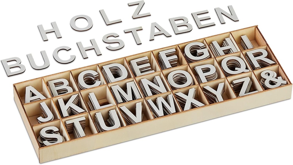 Set de litere din lemn Relaxdays, 324 piese, majuscule A-Z, ampersand, 3 cm, litere mici pentru meserii, decor, gri