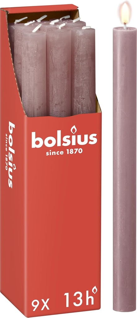 Bolsius - Lumanari conice rustice - Roz antic - 9 bucati - 27 x 2,3 cm - Timp de ardere 13 ore - Fara parfum - Contine ceara naturala de plante - Fara ulei de palmier - Ziua Indragostitilor
