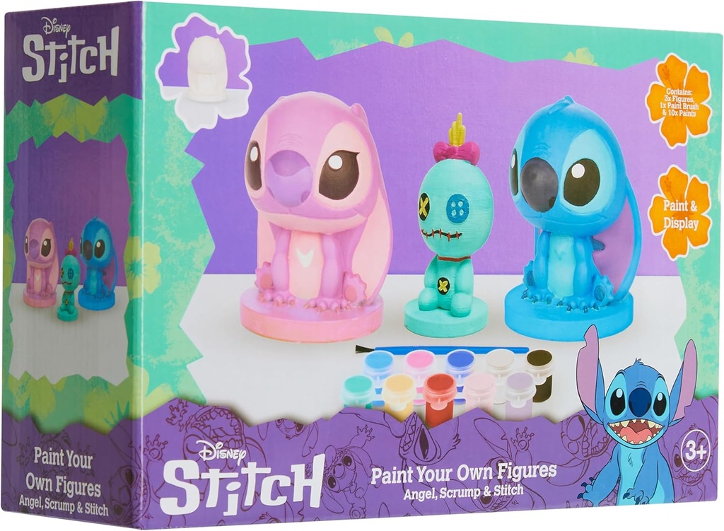 Set de vopsea pentru copii Disney Stitch, figuri din ipsos pentru a picta, vase de vopsea și perii (cusături multiple - pachet de 3)