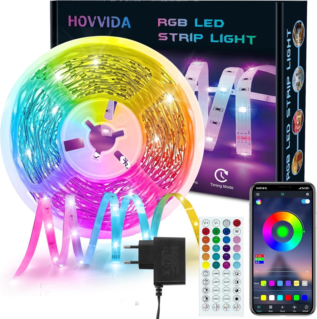 Bandă LED HOVVIDA 10M, 1 rolă, 30 LED-uri/metru, bandă LED RGB 24V, 300 LED-uri, APP și telecomandă, sincronizare muzicală, mod temporizator, pentru dormitor, sală de jocuri, petrecere, festival