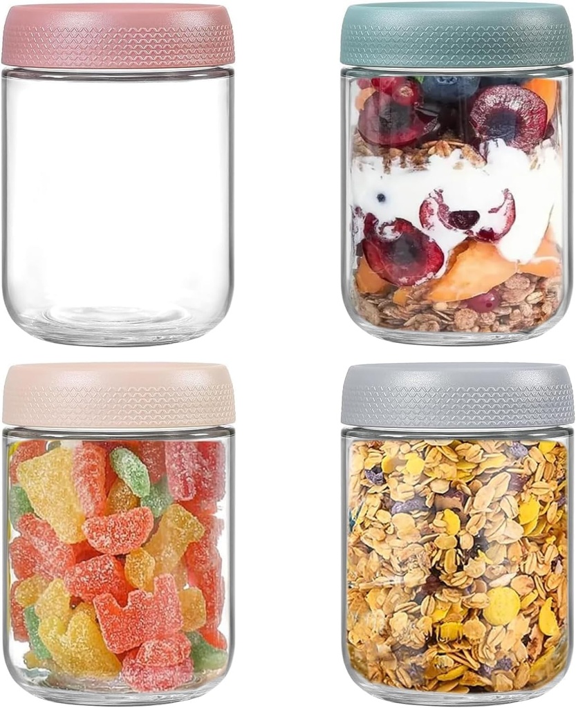 ALINK Pachet de 4 borcane de 16 oz de ovăz peste noapte, borcane Mason cu capace cu șurub pentru salată de ovăz peste noapte, budincă de iaurt, gem chutney, recipiente reutilizabile de sticlă cu capace