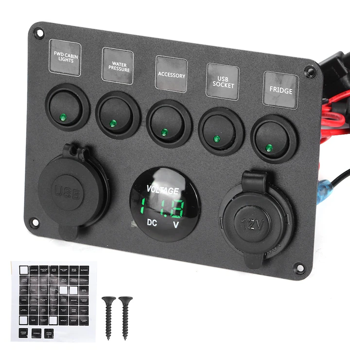 Panou comutator LED 5 Gang cu voltmetru digital, Fokelyi