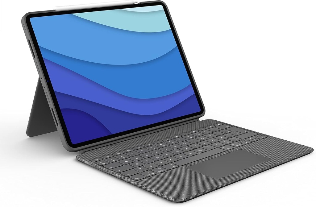 Logitech Combo Touch pentru iPad Pro 12,9 inch (generatia a 5-a, a 6-a: 2021, 2022) Tastatura detasabila cu iluminare din spate si suport, trackpad Click-Anywhere, Smart Connector, AZERTY francez - Gri