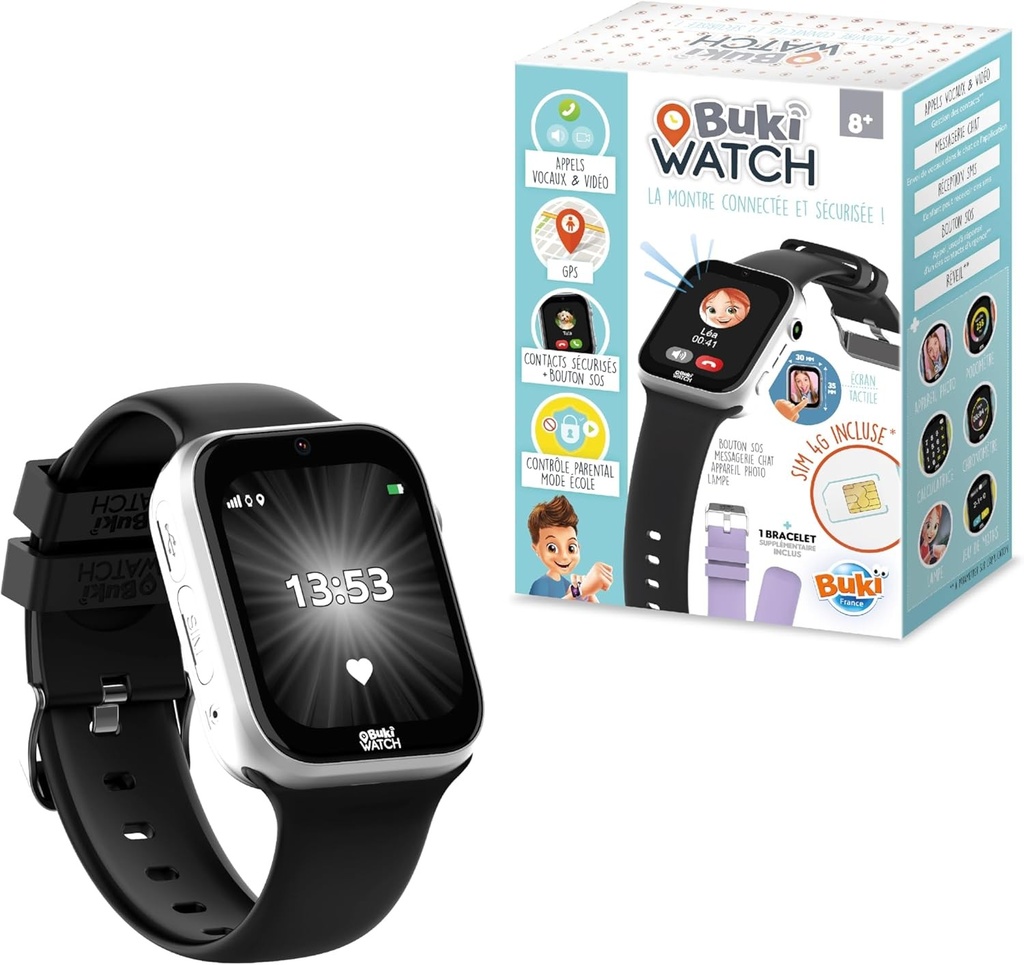 Ceas inteligent pentru copii cu cartela SIM inclusa - Apeluri, GPS, SOS, Video, Rezistent la apa - Control parental prin aplicatie - 2 curele - Varste 8+ - Gata de utilizare - Ceas BUKI - FIB01 - Numai pentru Franta