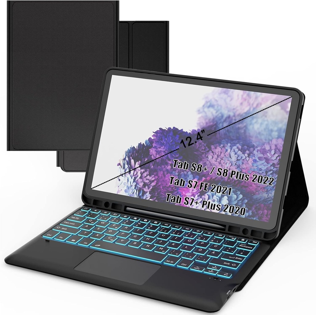 Husa cu tastatura pentru Samsung Galaxy Tab S8 Plus/S7 FE/S7 Plus 12.4 inch - Husa pentru tableta cu touchpad iluminat in 7 culori - Tastatura germana QWERTZ iluminata, Negru