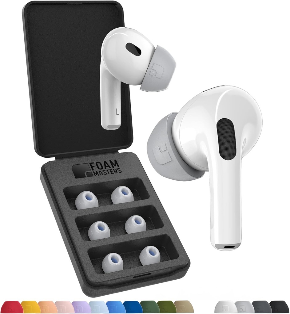 Dopuri de urechi din spuma cu memorie Foam Masters pentru AirPods Pro prima si a doua generatie, 3 perechi, 4.0, confortabile, sigure, anulare mai buna a zgomotului, dopuri de schimb (diverse marimi S/M/L, gri)