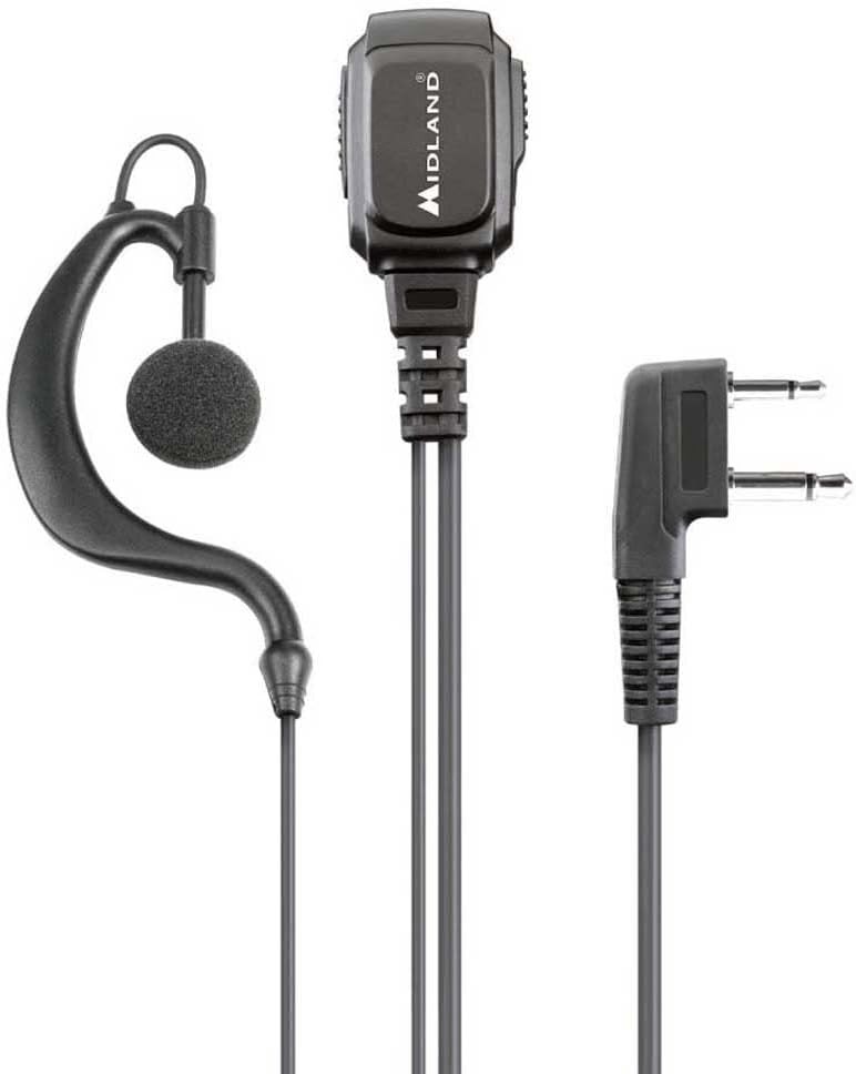 Midland - MA21-L PRO Microfon mono cu casca pentru securitate, airsoft si utilizare in exterior - Cablu de microfon spiralat, comutator VOX/PTT, conector L cu 2 pini compatibil cu walkie-talkie-urile G7, G9, XT si XT PRO