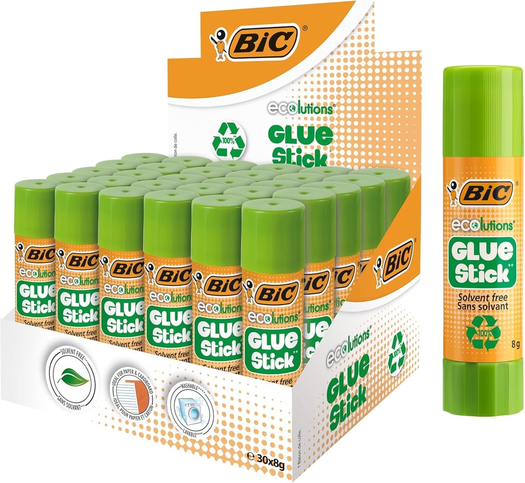 Lipici BIC Glue Stick ECOlutions, lipici potrivit pentru copii, usor lavabil, 8g fiecare, pachet de 30, ideal pentru scoala