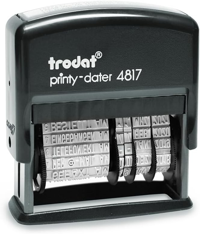 Stampila Trodat Printy 4817 cu banda text si data in negru, 12 texte de birou interschimbabile prin rotire, germana, inaltime font 3,8 mm, amprenta 47x4 mm, tampon de cerneala negru, autocernelibil