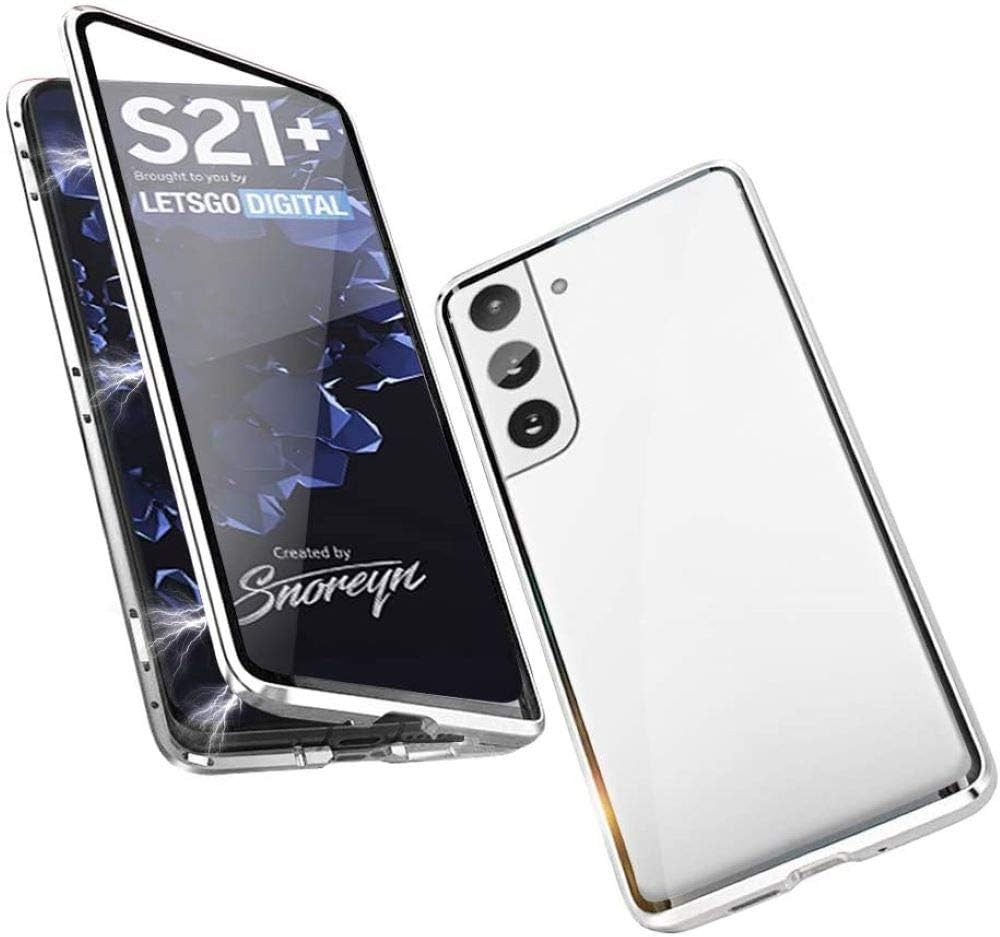 Husa pentru Samsung Galaxy S21+ Plus, husa de protectie la 360 de grade [adsorbtie magnetica], husa cu clapa, rama metalica, ultra-subtire, husa transparenta din sticla securizata fata si spate, argintie