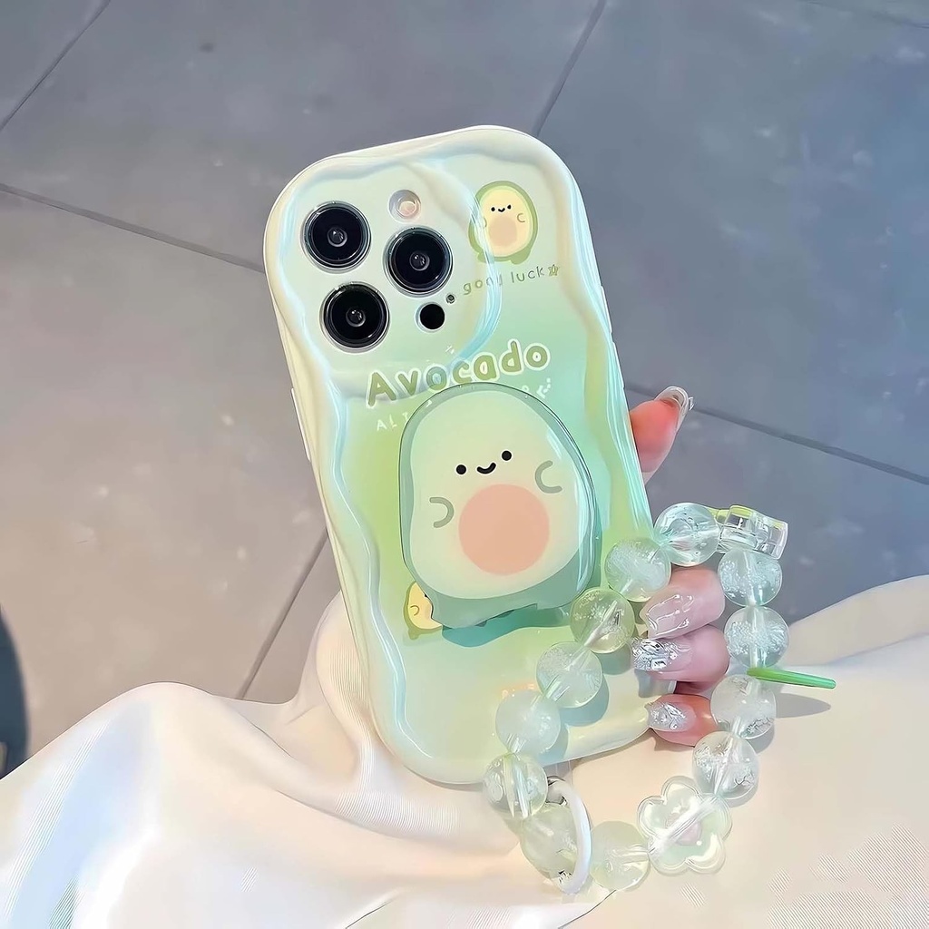 Pop socket pentru iPhone 11,  cu avocado si colier de perle, sclipici
