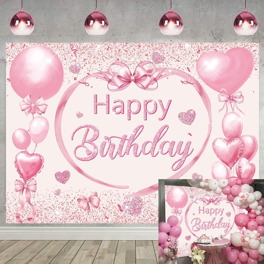 Fundal cu funda roz ,,La multi ani" - 2,1 x 1,5 m - Balon roz - Pentru fotografie - Decoratiune petrecere de ziua de nastere pentru fete