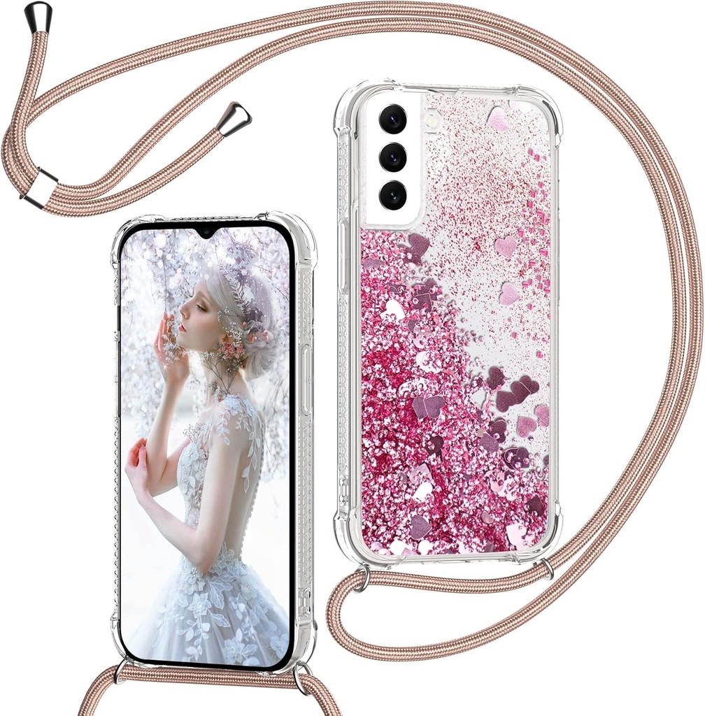 Husa de telefon TUUT cu curea pentru Samsung Galaxy S21 5G, husa de telefon cu sclipici Quicksand cu snur, husa de protectie transparenta rezistenta la socuri cu snur cu lant, husa pentru colier Quicksand, neagra
