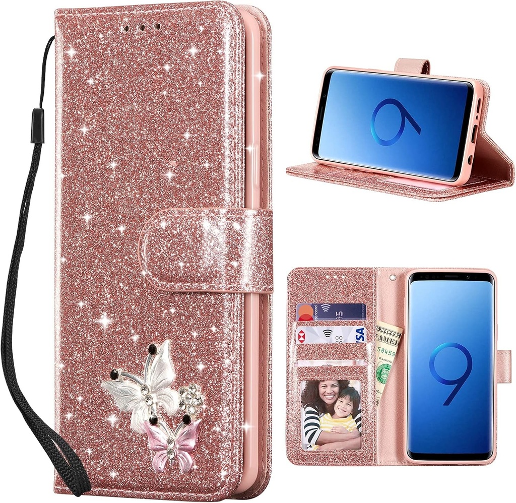 Husa cu clapa UEEBAI pentru Samsung Galaxy S9, piele PU cu sclipici 3D cu fluture si functie de suport, slot pentru card, husa de protectie, portofel stralucitor cu diamant si curea de incheietura - auriu-roz