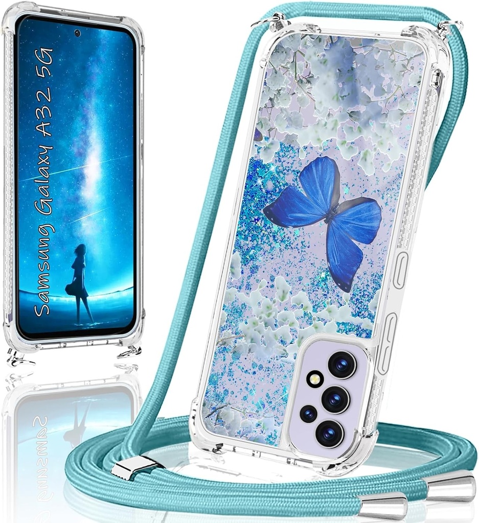 Carcasa pentru Samsung Galaxy A32 5G cu snur, carcasa cu sclipici pentru Galaxy A32 cu colier, carcasa originala ultra-subtire din silicon TPU transparent pentru Samsung A32 5G, carcasa rezistenta la socuri si stralucire