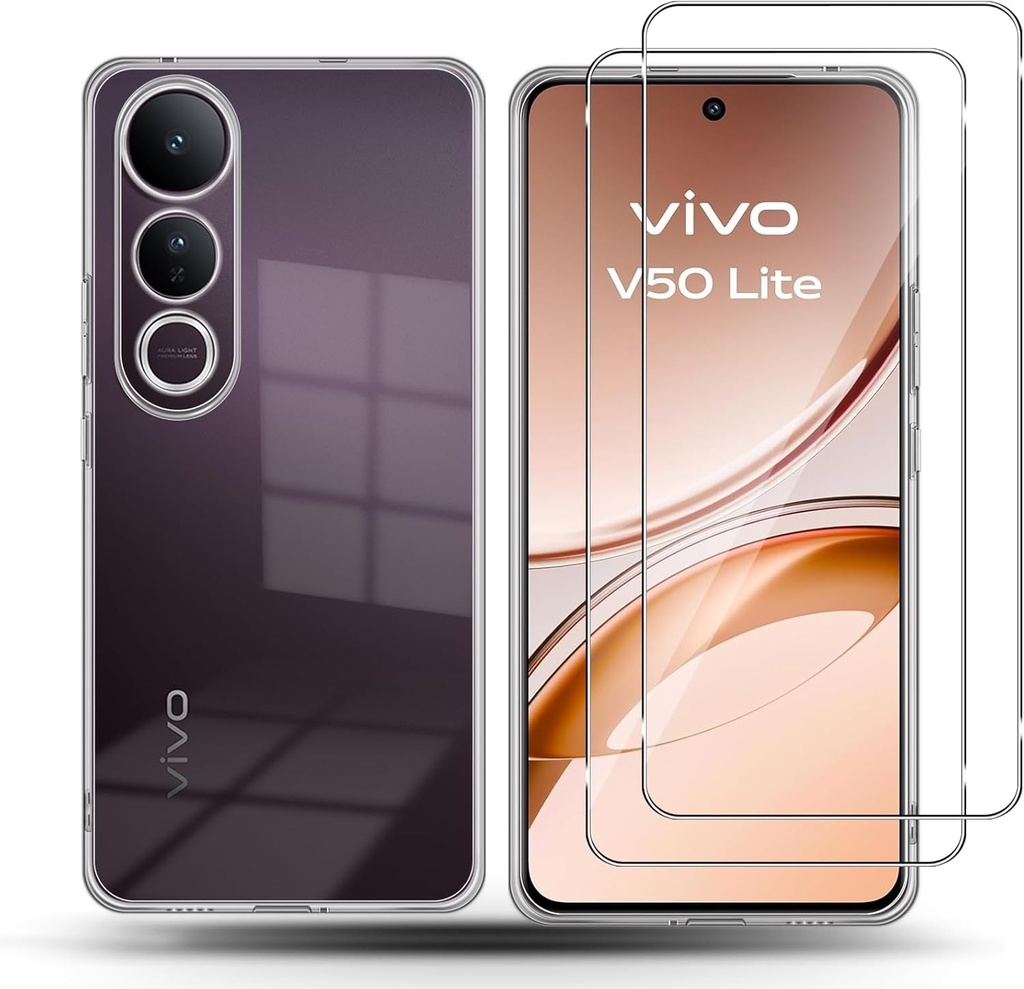 Husa QULLOO pentru VIVO V50 Lite 4G/5G cu 2 folii de protectie din sticla securizata, sticla de protectie cu duritate 9H, husa de telefon anti-amprenta, husa de protectie care nu se ingalbeneste, husa transparenta