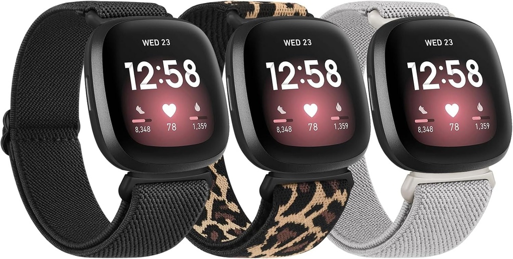 Bratara Tobfit, pachet de 3 buc., pentru Fitbit Versa 3/4, Sense/Sense 2 - curea de ceas elastica reglabila din nailon pentru barbati si femei (negru/leopard/verde)