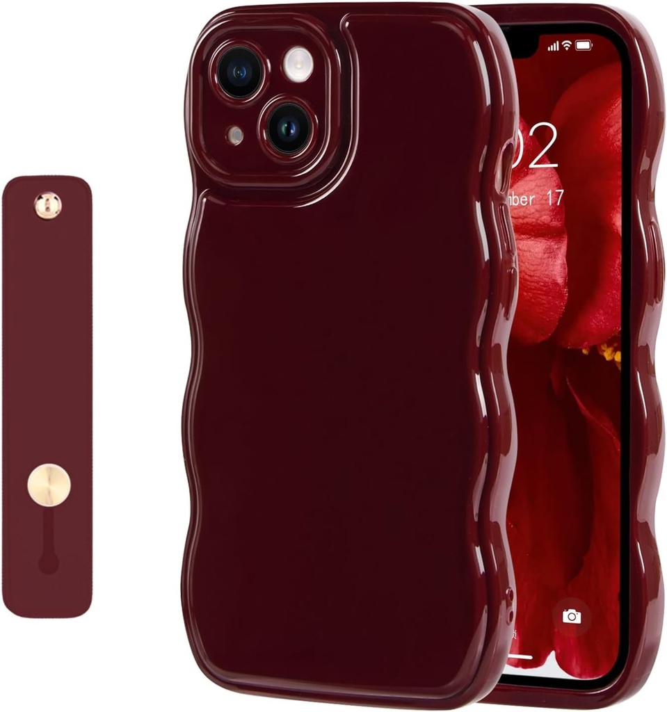 Carcasa iPhone 14 Plus NITITOP, draguta, simpla, ondulata, visinie, cu curea de incheietura reglabila si prindere, husa de protectie din silicon moale pentru femei si fete - Rosu vita de vie