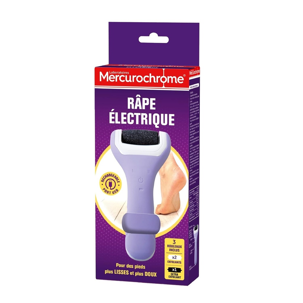 MERCUROCHROME - Pila electrica pentru picioare - Include 1 pila electrica pentru picioare si 3 role - Reincarcabila prin USB - Nu necesita baterii - Pentru picioare mai fine si mai moi