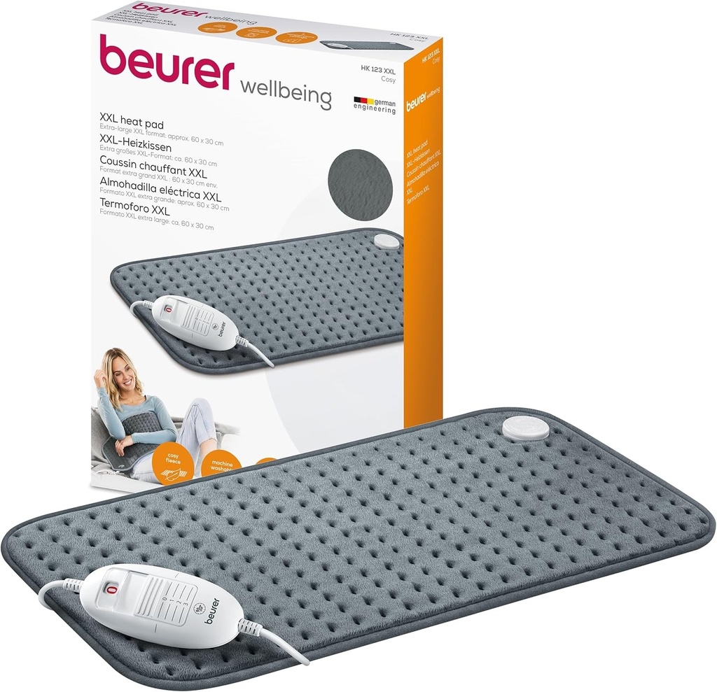 Perna incalzitoare Beurer HK 123, perna incalzitoare confortabila cu 3 setari de temperatura si oprire automata, lavabila la masina, gri, dimensiune XXL 60 x 30 cm
