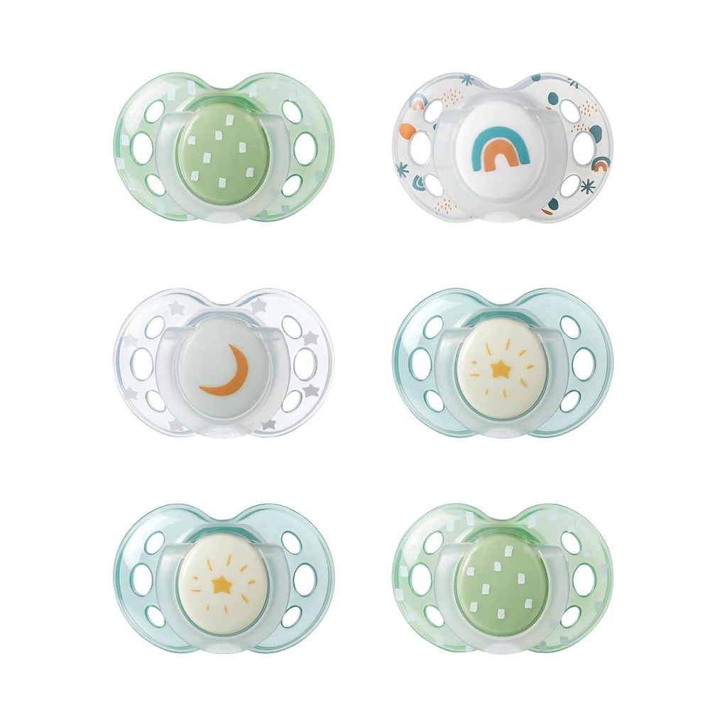 Suzeta Tommee Tippee Night, forma ortodontica simetrica, silicon fara BPA, maner care straluceste in intuneric, 18-36 luni, pachet de 6, multicolora