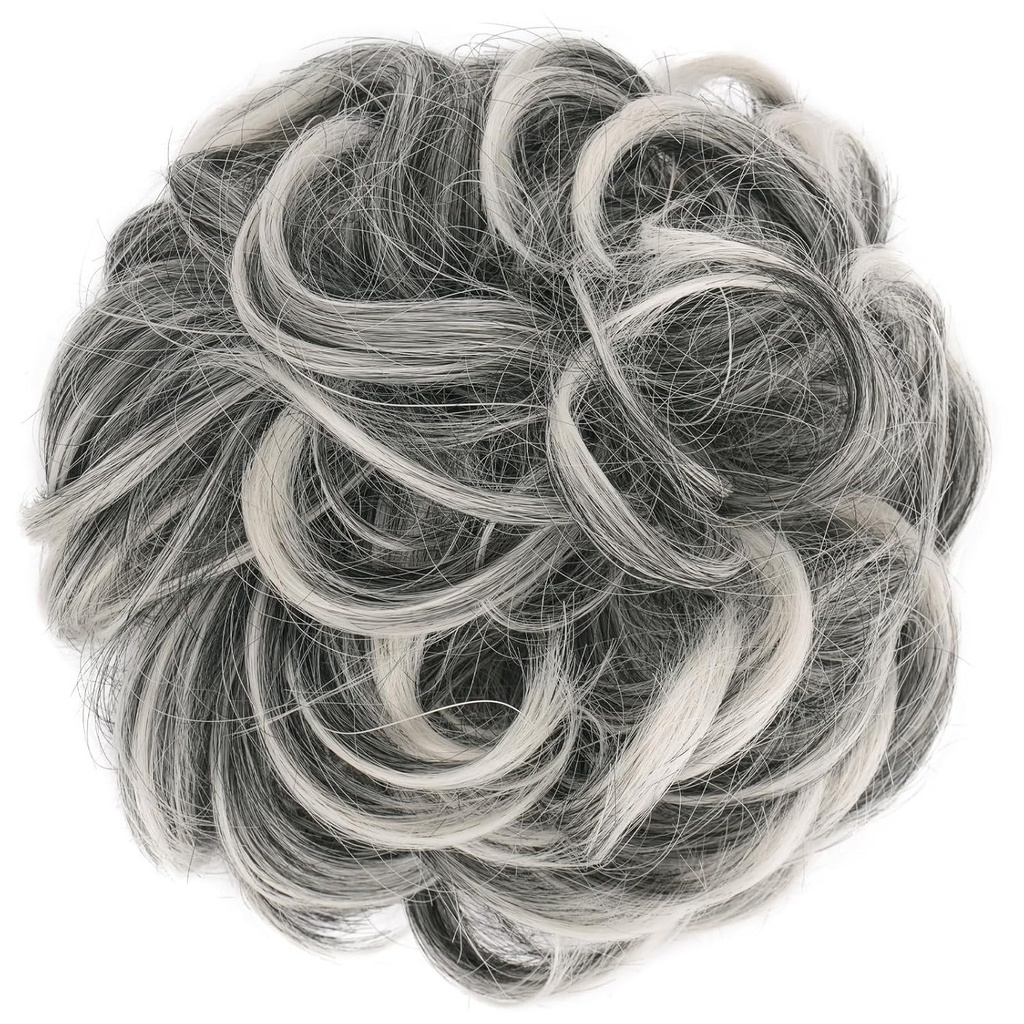 Extensie de coc FESHFEN, peruca gri, ondulata, naturala, sintetica, coc fals elastic pentru femei, 42g gri cu fire albe