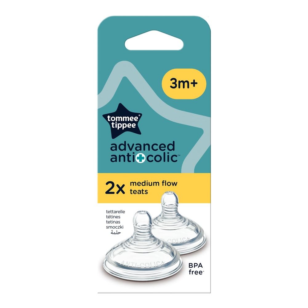 Tetina Tommee Tippee pentru biberon, tetina anticolici avansata, forma de san, silicon moale, debit mediu, 3+ luni, accesorii, pachet de 2