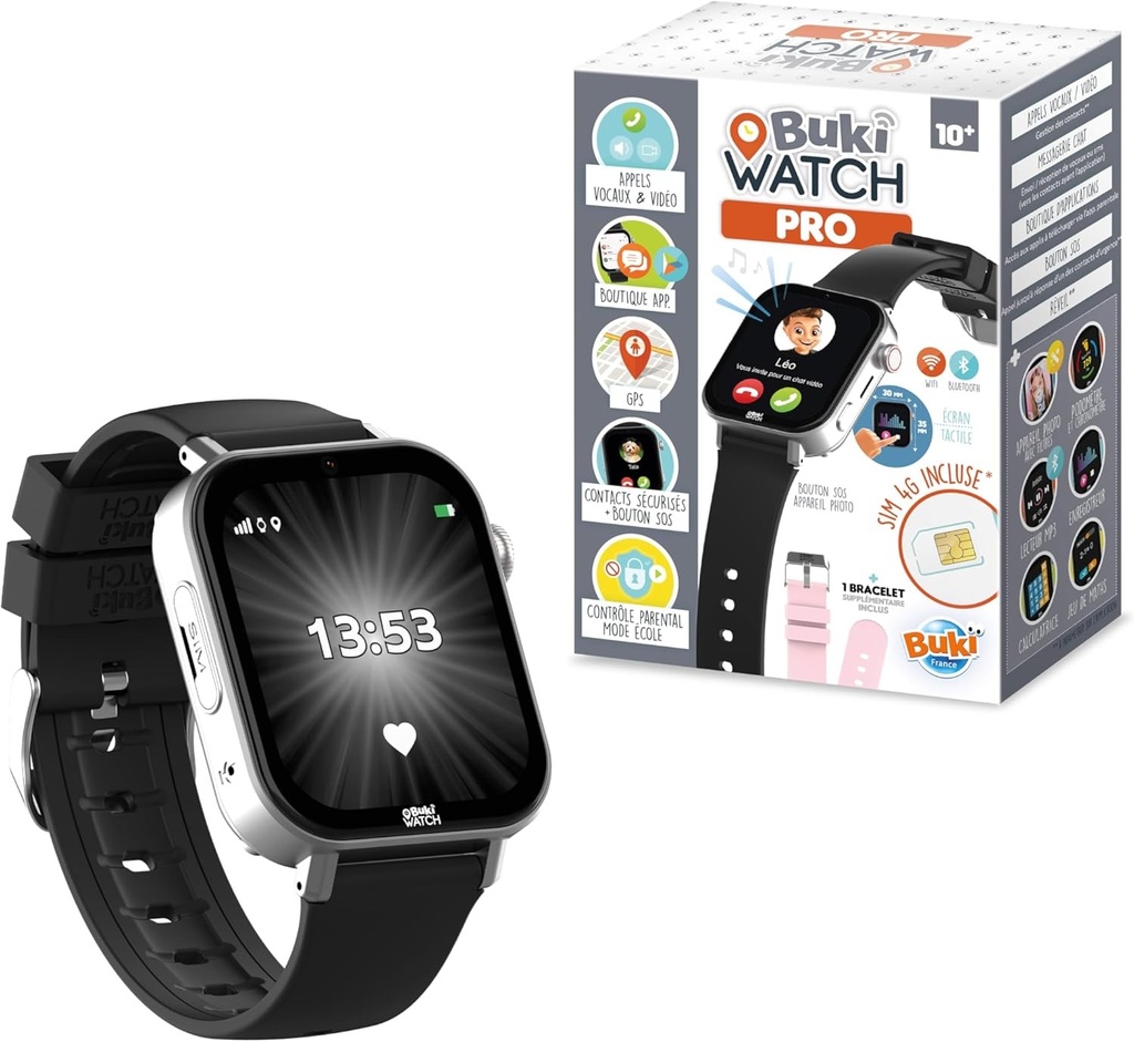 BUKI FRANCE - Ceas inteligent pentru copii cu cartela SIM inclusa - Apeluri, GPS, Video, WiFi, Bluetooth - Buton SOS, Aplicatie parentala - Ideal First Phone - BUKI WATCH PRO - PRO01 - NUMAI FRANTA