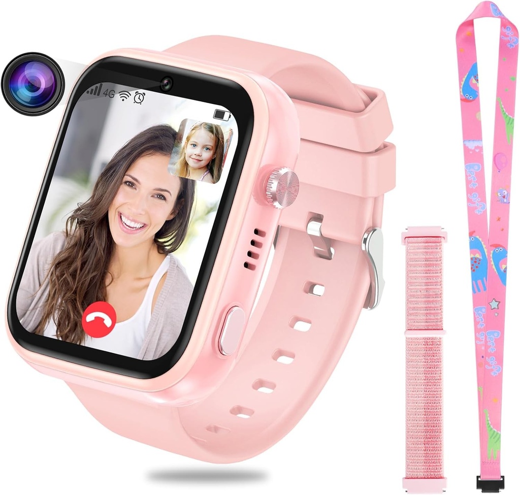 OKYUK Ceas inteligent 4G pentru copii, Tracker GPS, Mai multe stiluri de desktop din care puteti alege, Apel bidirectional, Competenta de imagine, SOS, Wi-Fi, Ecran tactil impermeabil pentru baieti si fete de 4-12 ani (T45 Roz)