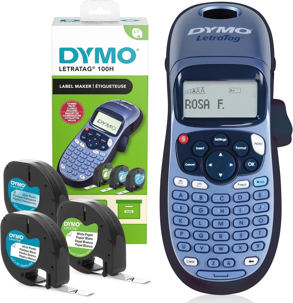 Kit de pornire DYMO LetraTag LT-100H pentru crearea de etichete, aparat de etichetat portabil, cu plastic, hartie si banda adeziva transparenta, potrivit pentru acasa sau birou