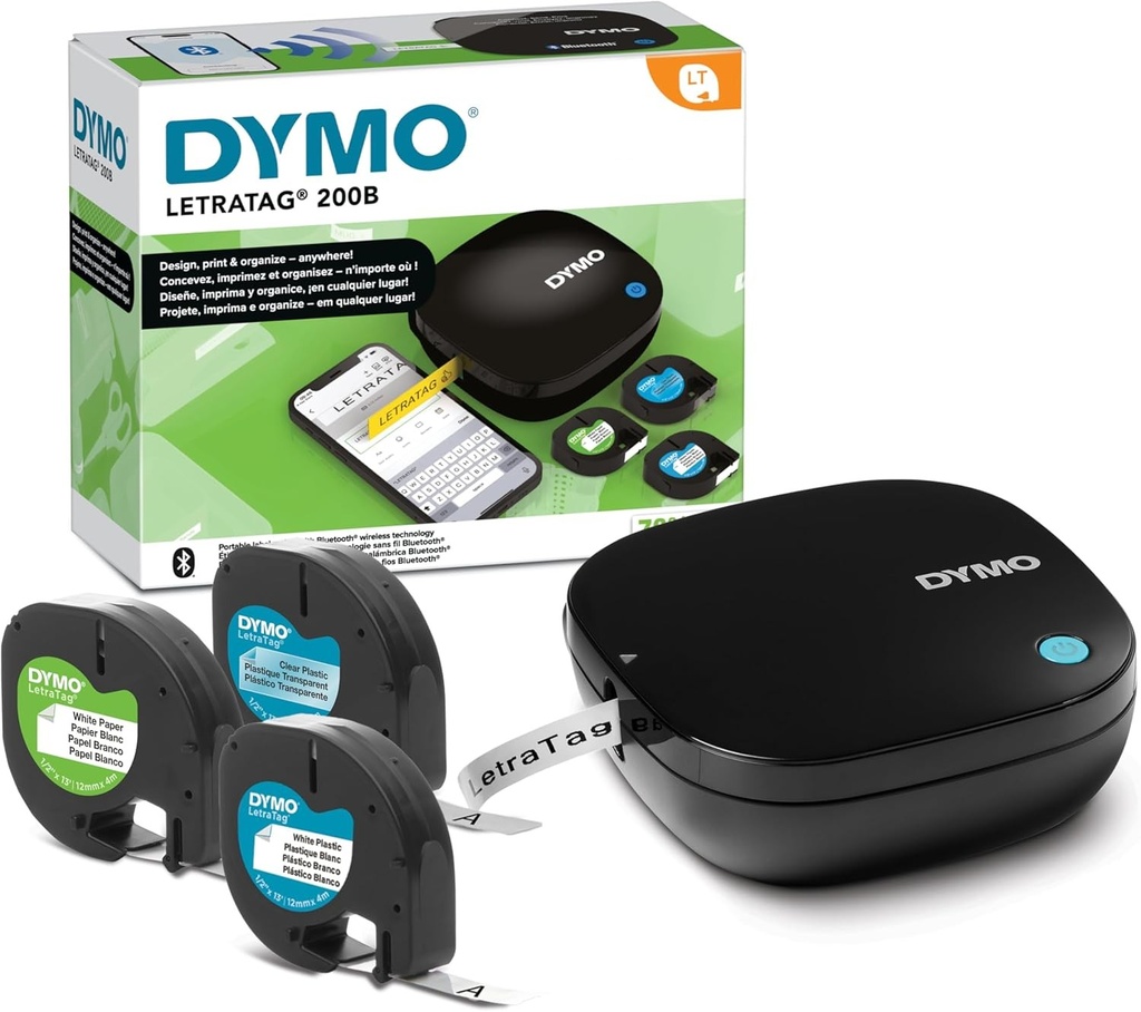 Imprimanta de etichete DYMO LetraTag 200B cu Bluetooth | Imprimanta de etichete compacta | Se conecteaza la iOS si Android prin tehnologia wireless Bluetooth | Include 3 benzi de etichete