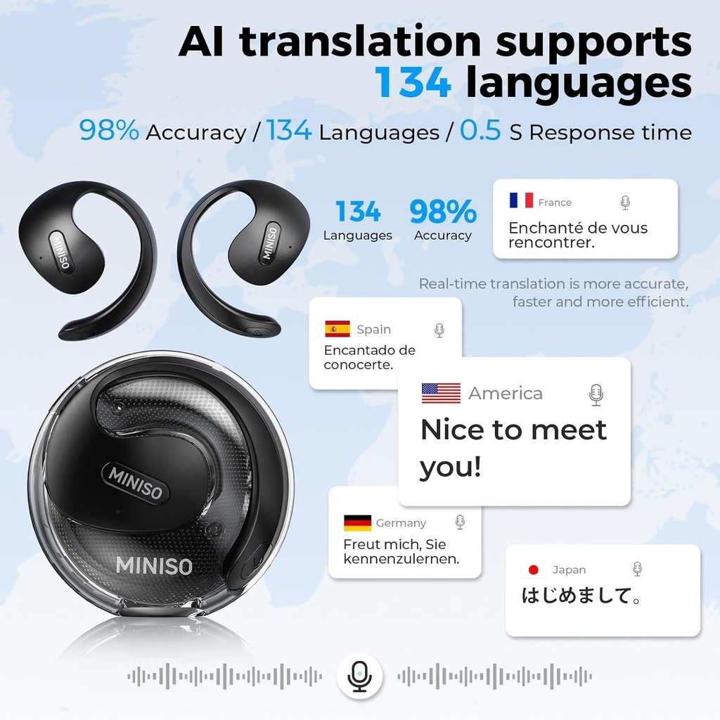 Traducator cu casti MINISO X15PRO AI, traducator de limbi AI 3 in 1, traducere online pentru 134 de limbi prin aplicatie, casti de traducere cu urechi deschise pentru invatare, calatorii, afaceri