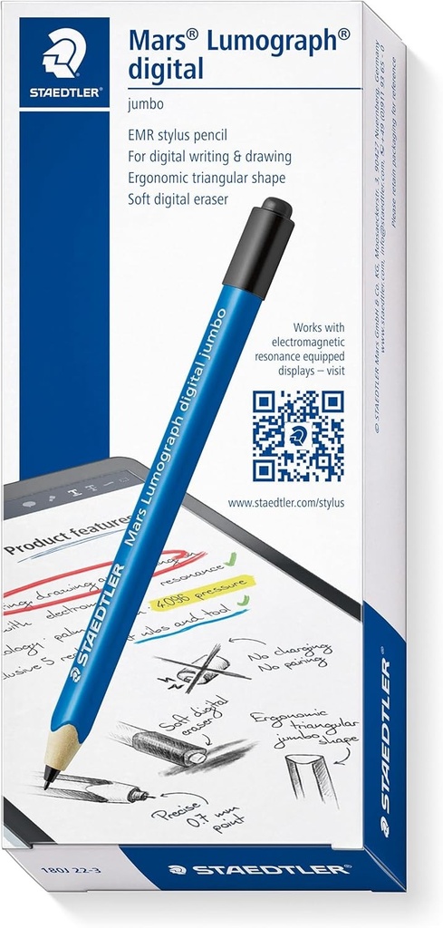 Stylus Staedtler Mars digital Jumbo 180J 22. Stylus EMR cu radiera digitala moale. Stylus pentru scriere digitala, desen si stergere pe ecrane tactile EMR (4.096 niveluri de presiune, varf de 0,7 mm)