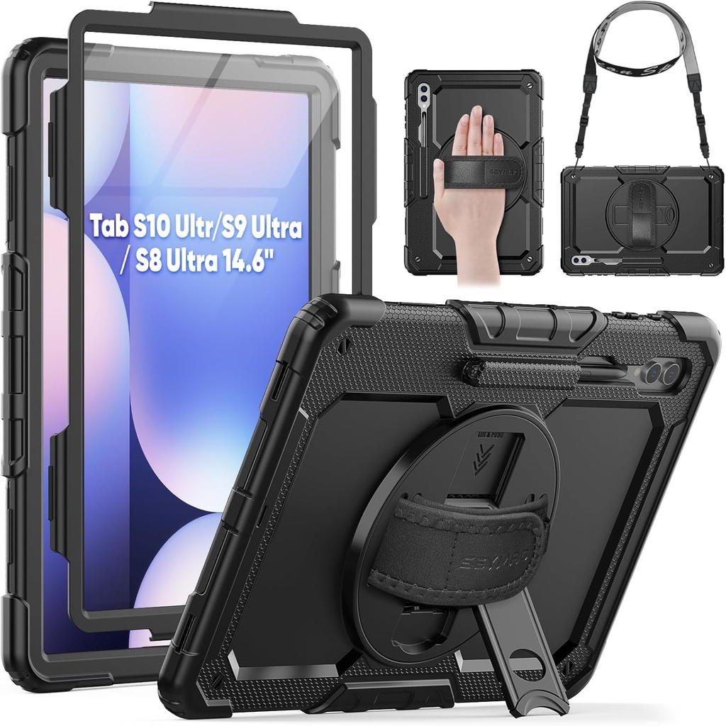 Husa SEYMAC pentru Galaxy Tab S10 Ultra / S9 Ultra 14.6" 2024/2023, rezistenta la socuri cu protectie pentru ecran, curea de mana, curea de umar, suport si suport pentru stilou pentru Galaxy Tab S10 Ultra, neagra