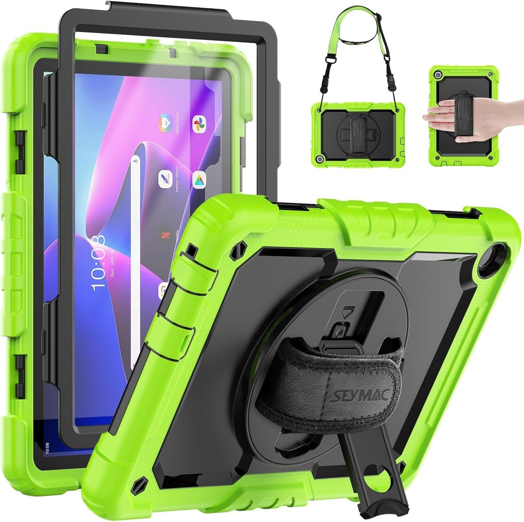 Husa SEYMAC pentru Lenovo Tab M10 a 3-a generatie 10.1 inch 2022 (TB-328), husa rezistenta la socuri pentru Lenovo Tab M10 cu protector de ecran, suport rotativ la 360° si curea de mana, curea de umar, suport pentru stilou, verde