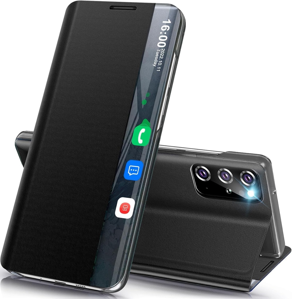 Husa de telefon Qissy pentru Samsung Galaxy S20 Plus, carcasa subtire de lux Clear View cu suport, carcasa de protectie din piele rezistenta la socuri si PC, neagra