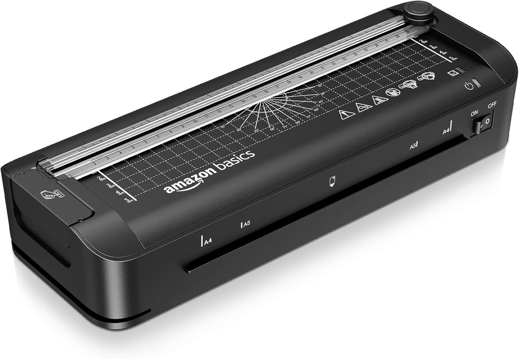 Laminator termic 3 in 1 Amazon Basics pentru format A4, cu functii de taiere, perforare si rotunjire a colturilor, incl. 10 mansoane, priza UE, negru