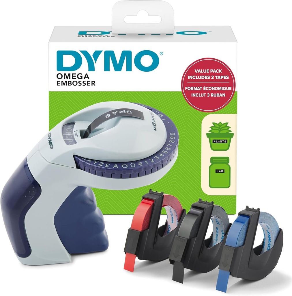 Masina de embosat DYMO cu 3 benzi de embosat | Set de inceput pentru aparatul de etichete Omega | masina de embosat mica cu sistem de rasucire si clic | pentru proiecte casnice, de artizanat si hobby (£/€, A, O si U)