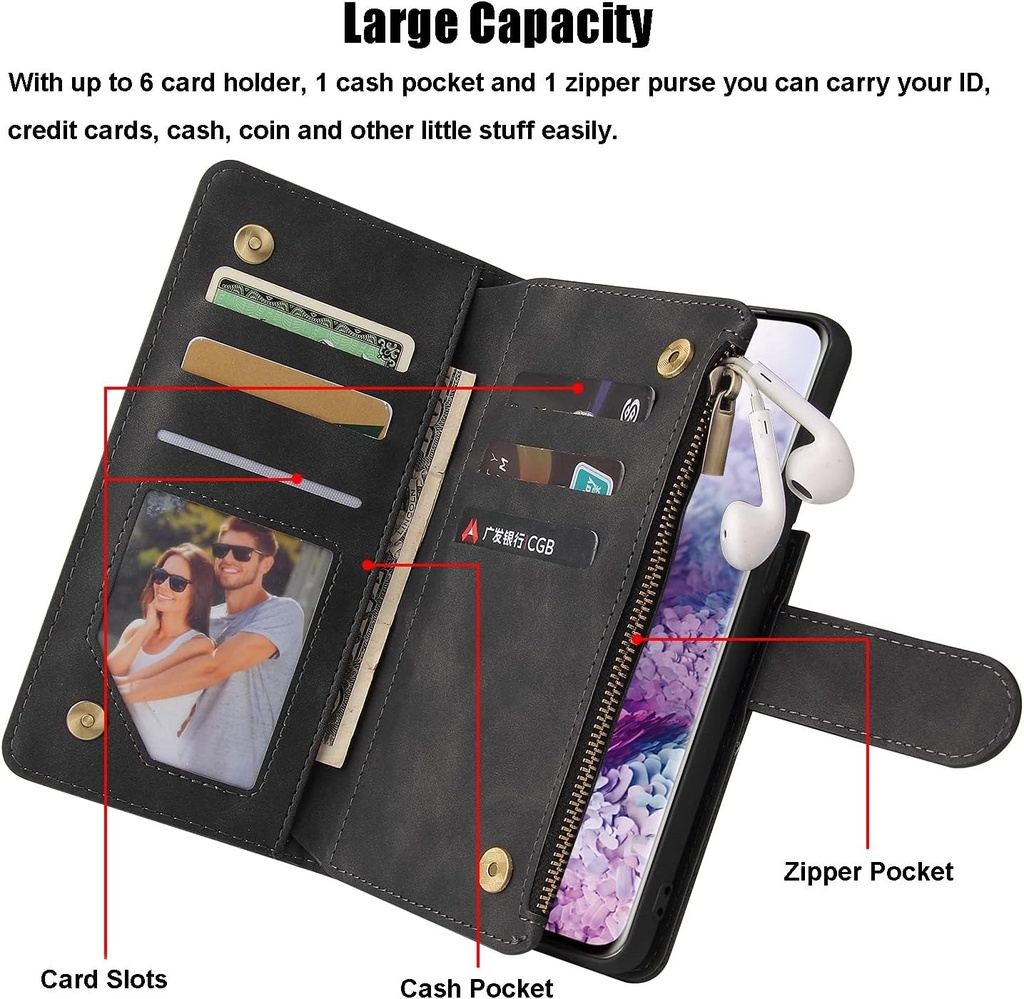 Husa de protectie QLTYPRI pentru Google Pixel 10 Pro XL, capacitate mare, piele, dimensiune portofel, 6 sloturi pentru carduri si 1 buzunar cu fermoar, suport, curea de mana, carcasa magnetica, albastra
