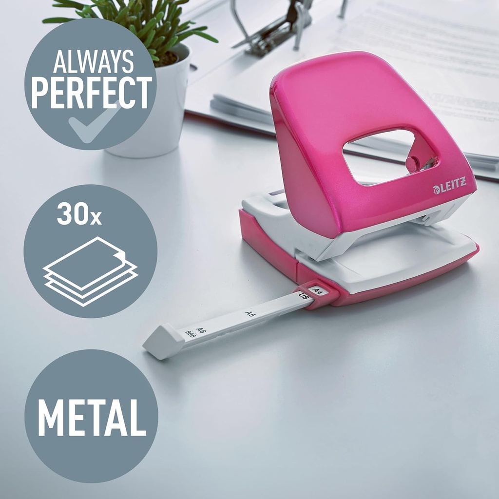 Perforator metalic Leitz, pentru 30 de coli, sina de ghidare cu specificatii de format, design ergonomic, roz, seria WOW, 50081023