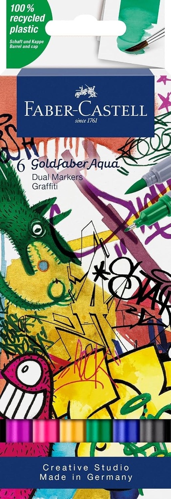 Faber-Castell 164525 - Marker Goldfaber Aqua Dual, Graffiti, cu varf pensula si varf fin, set de 6 bucati