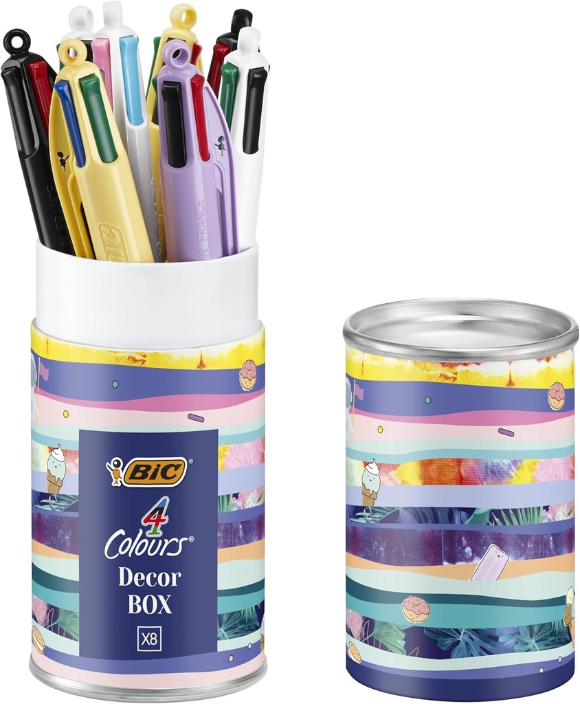 Pix retractabil BIC 4 Colours Decor Box, cutie decorativa, varf mediu (1 mm), cutie metalica, pachet de 8